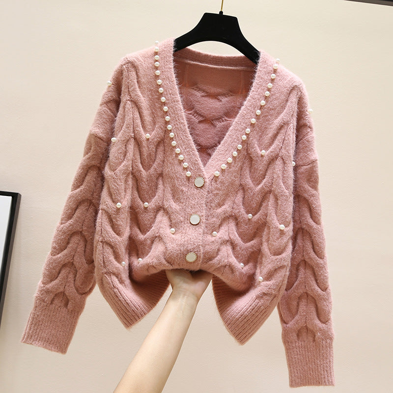 Sweet Beaded V-neck Knitted Cardigan