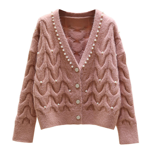 Sweet Beaded V-neck Knitted Cardigan