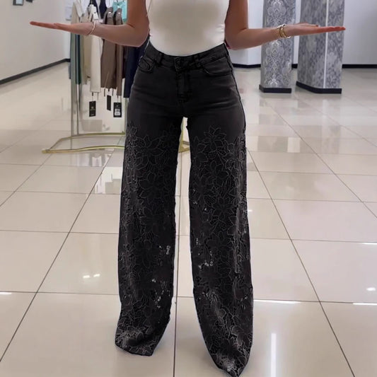 Lace Flowers Hollow High Waist Straight Wide Leg Pants