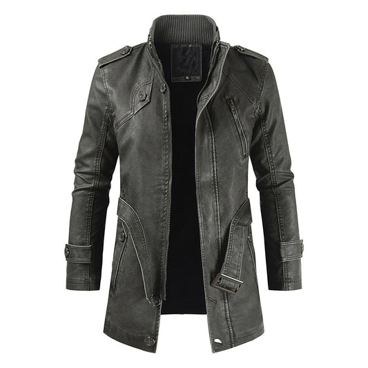 Brown mid-length leather jacket