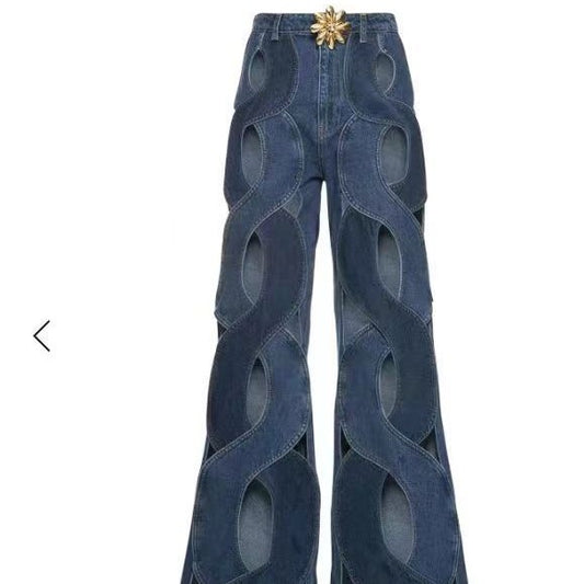 Women Cutout Criss Cross Straight Flare Denim