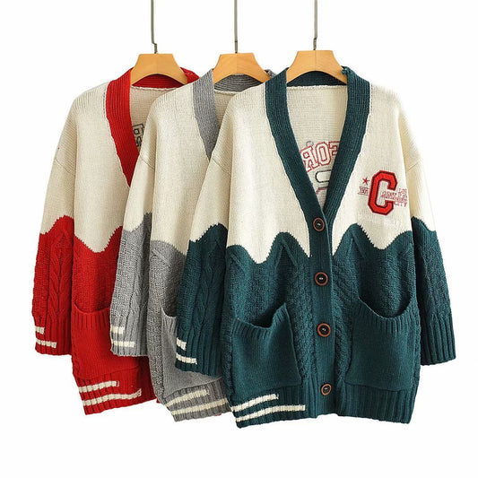 V-neck contrast letter cardigan