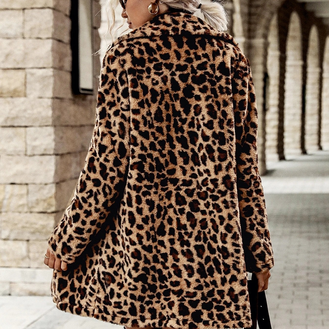 Leopard Print Long Sleeve Furry Coat