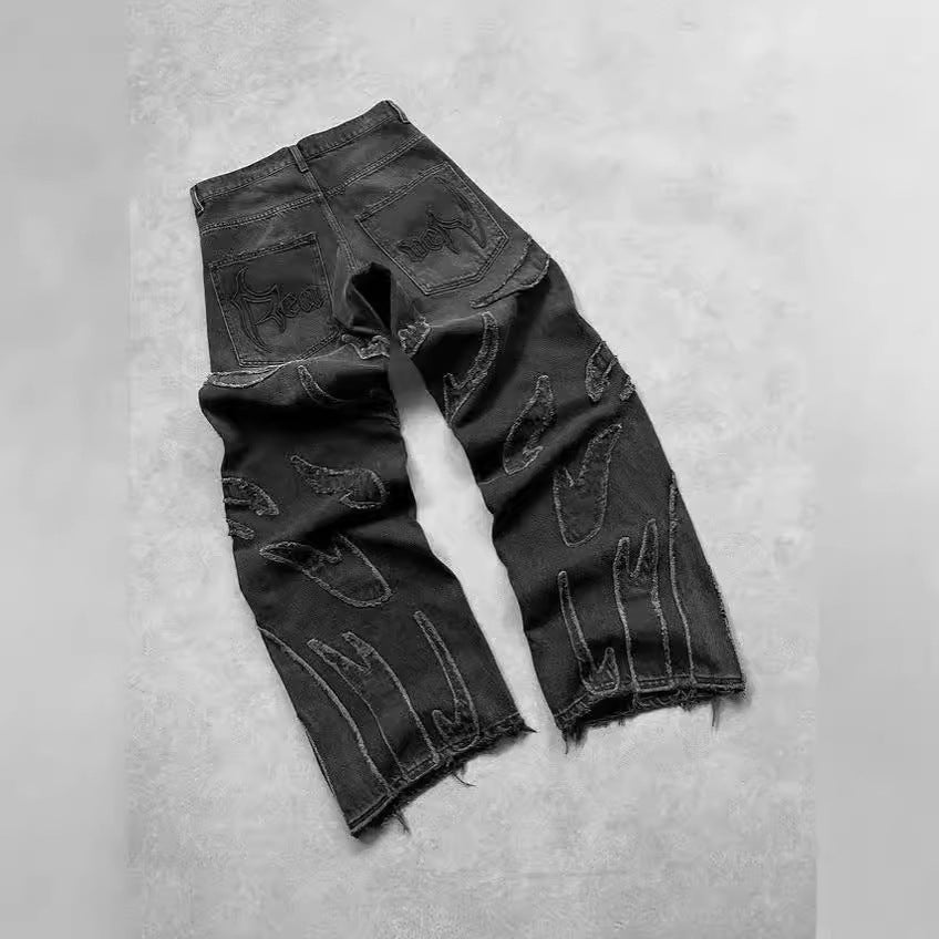 Retro Black Patchwork Streetwear Hole Jeans
