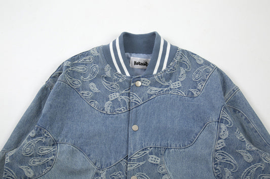 Men's Torn Cashew Flower Denim Jacket