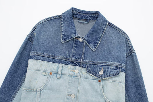 Polo Collar Long Sleeved Patchwork Denim Jacket