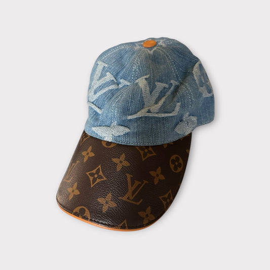 LV Style Monogram Denim and Brown Leather Baseball Cap Adjustable Strap