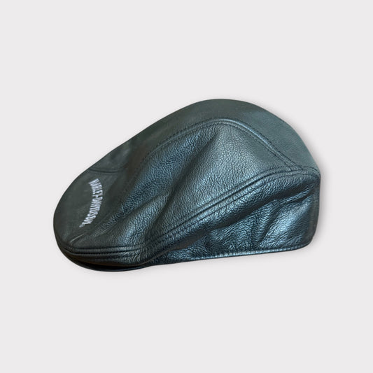 VintageHarley Davidson Black Leather Newsboy Hat Cap Size XL Motorcycle Logo Biker Genuine Leather