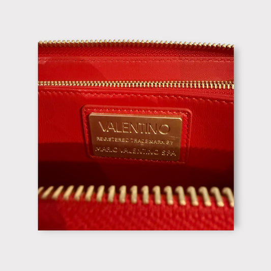 Valentino V Logo Red Smooth Leather Zip Around Long Wallet With Coin Pocket