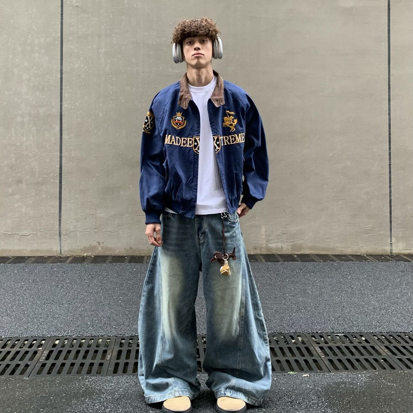 Streetwear Navy Blue Cropped Baseball Jacket