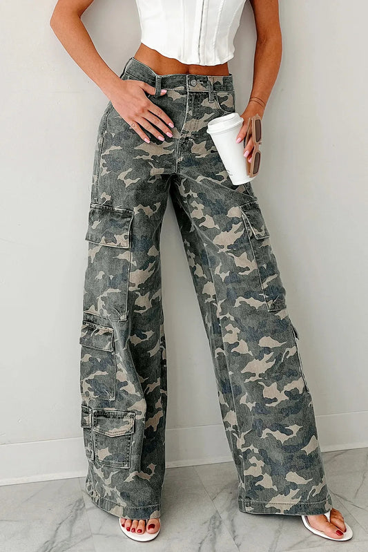 Wide Leg Camo Denim Cargo