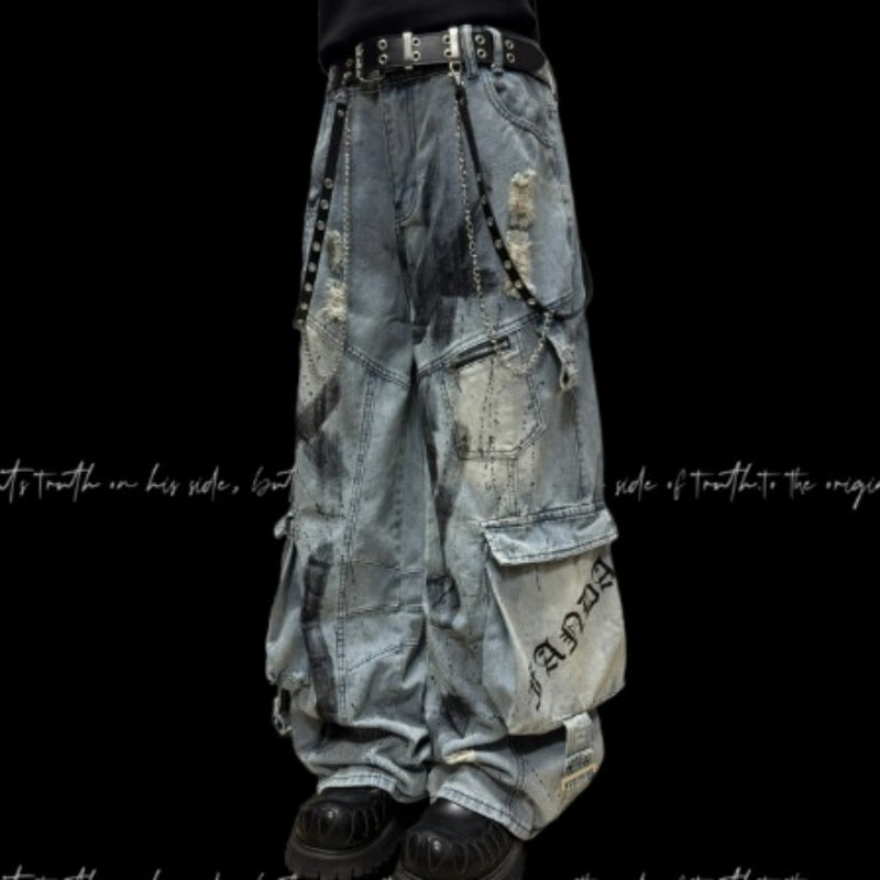 Multi-Pocket Ripped Wide-Leg Denim