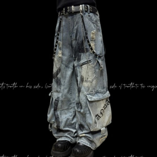 Multi-Pocket Ripped Wide-Leg Denim