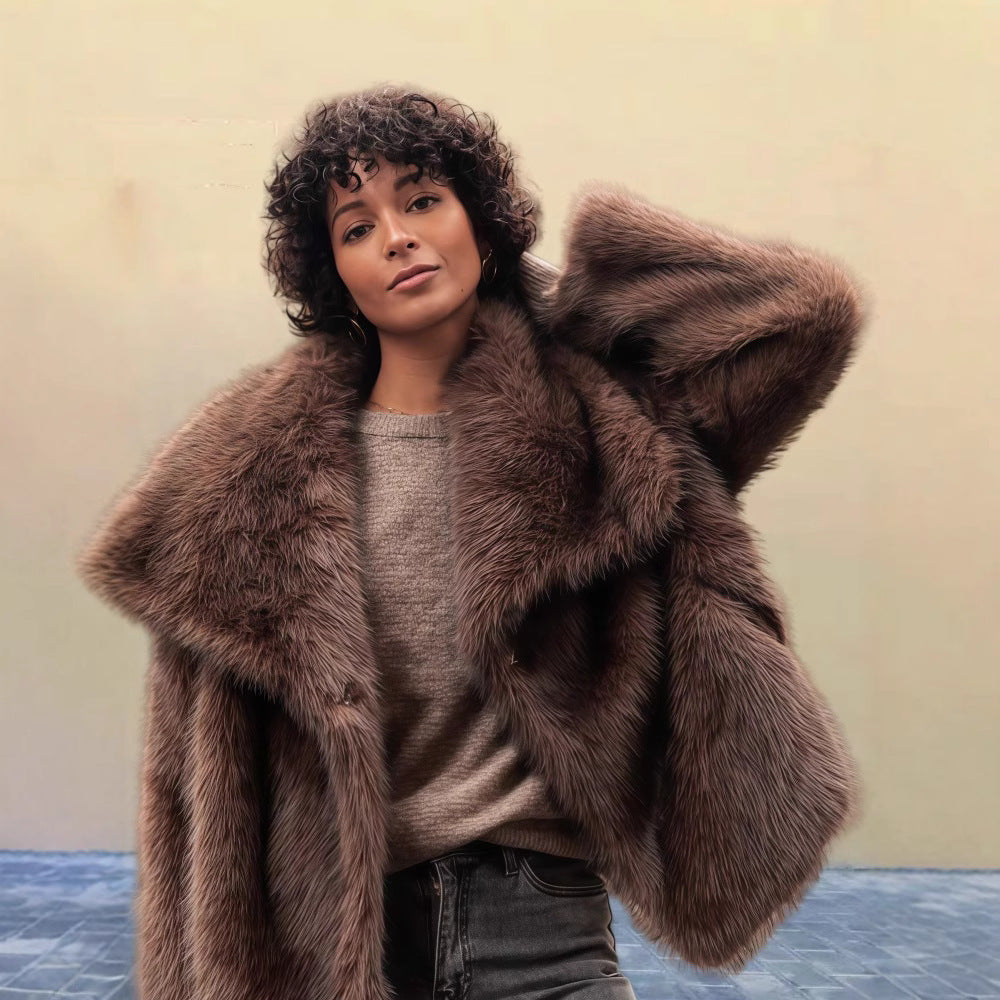 Women's Pure Color Versatile Faux Fur Collar Long Sleeve Coat