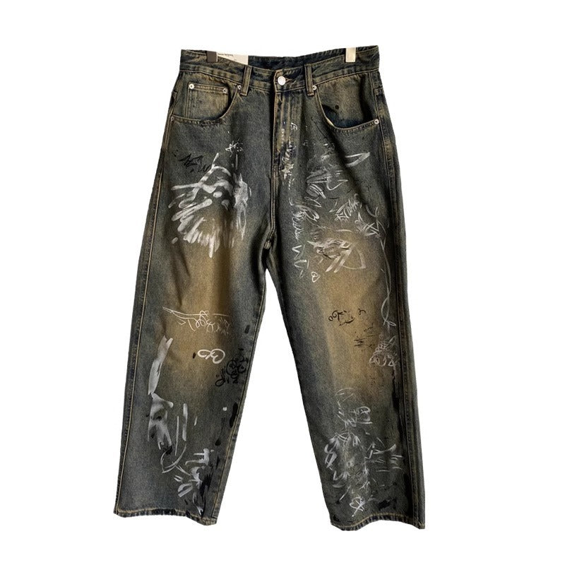 Mens Patchwork Design Loose Wide-Leg Draping Straight-Leg Pants