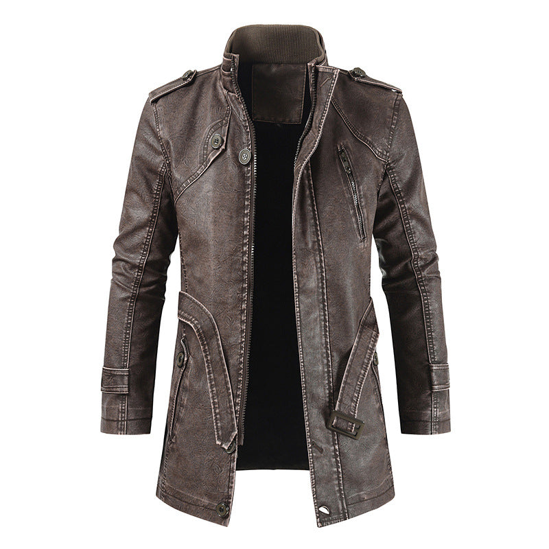 Brown mid-length leather jacket