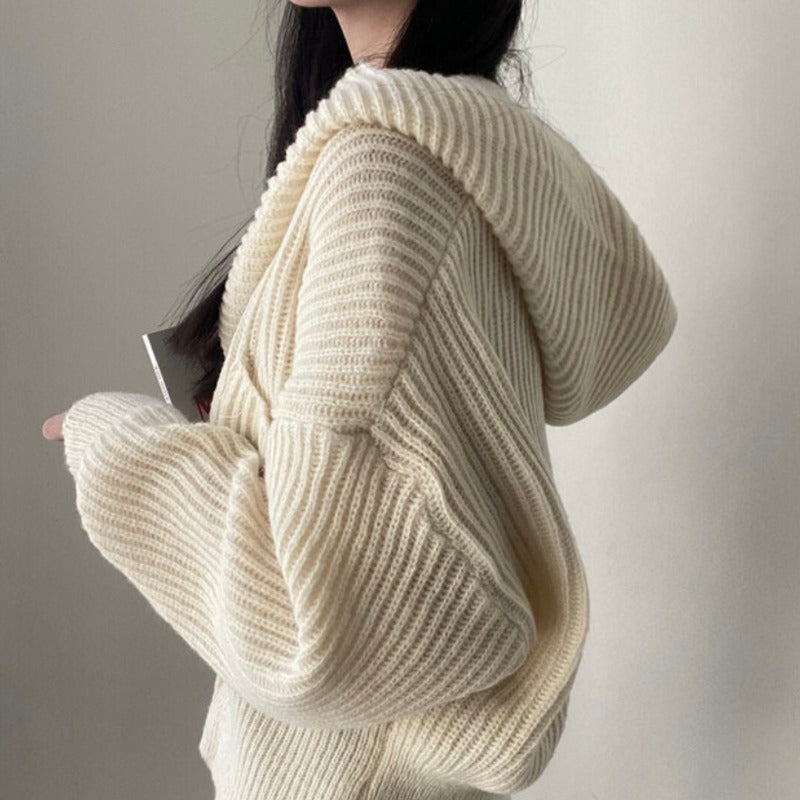 Autumn And Winter Hooded Knit Cardigan