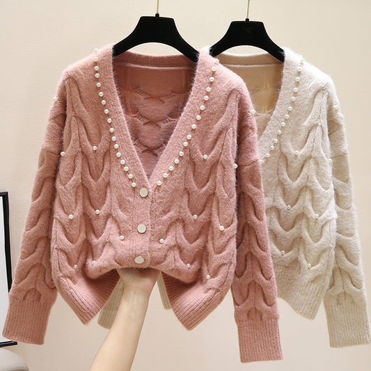 Sweet Beaded V-neck Knitted Cardigan