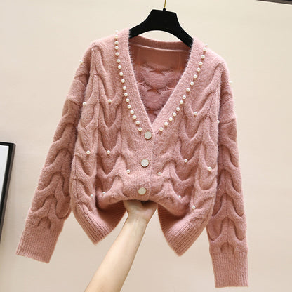 Sweet Beaded V-neck Knitted Cardigan