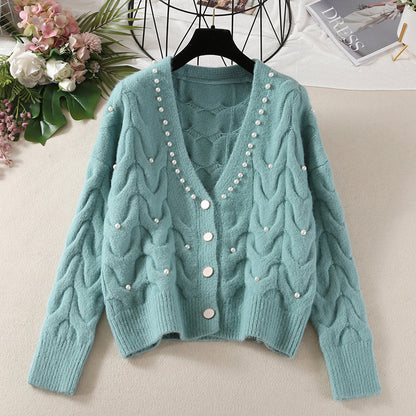 Sweet Beaded V-neck Knitted Cardigan