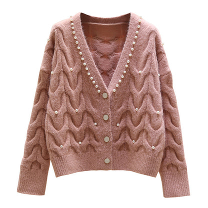 Sweet Beaded V-neck Knitted Cardigan