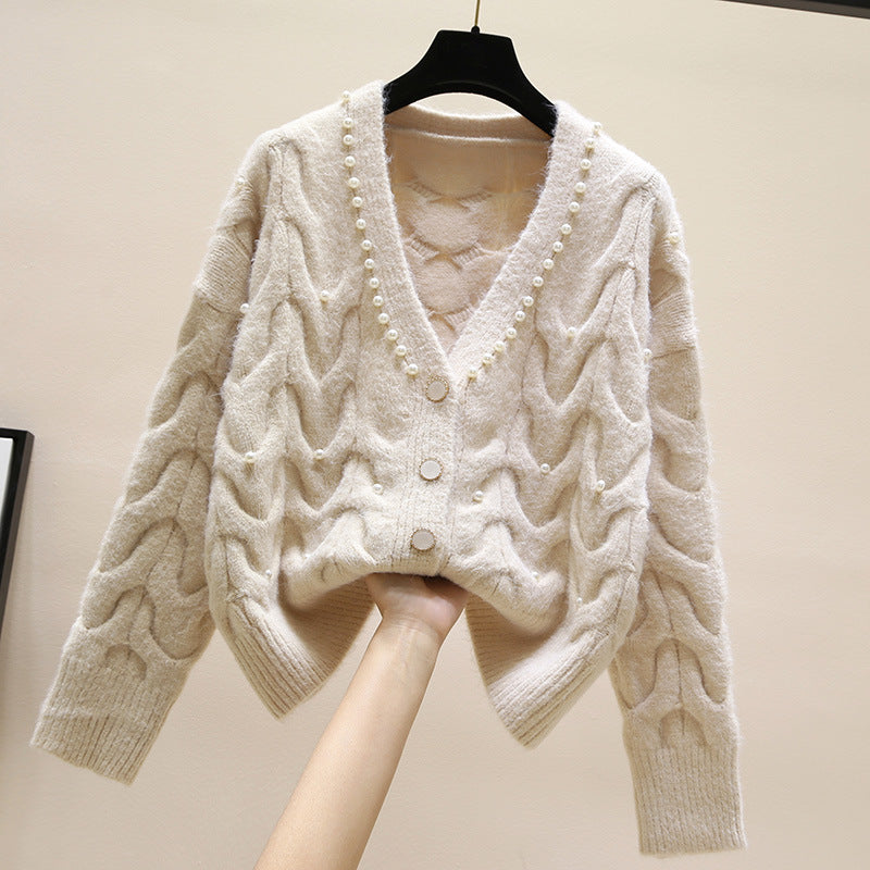 Sweet Beaded V-neck Knitted Cardigan