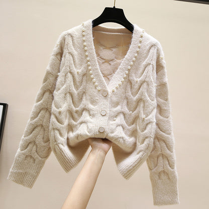 Sweet Beaded V-neck Knitted Cardigan