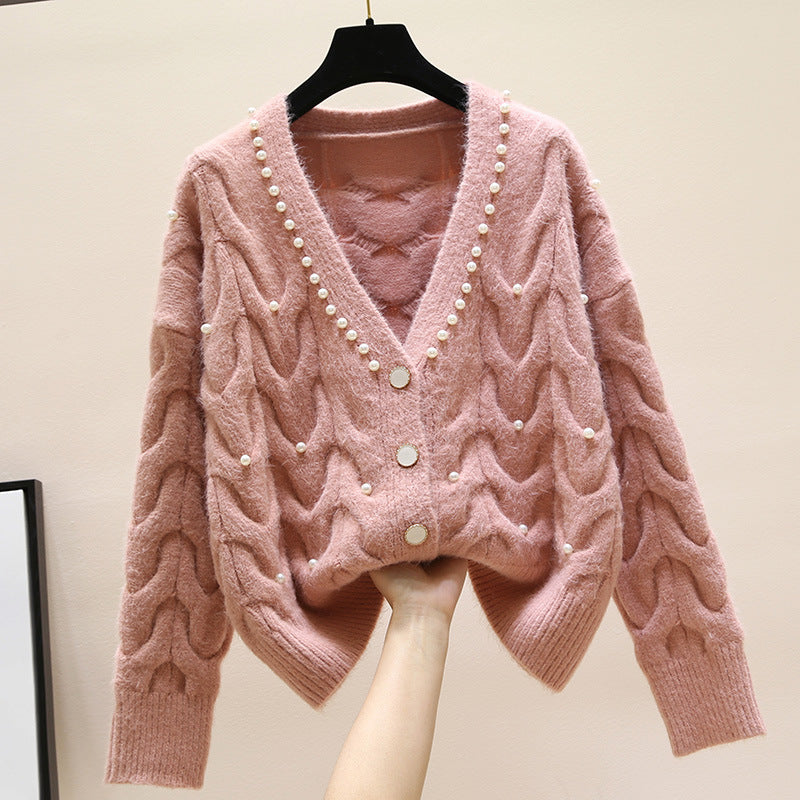 Sweet Beaded V-neck Knitted Cardigan