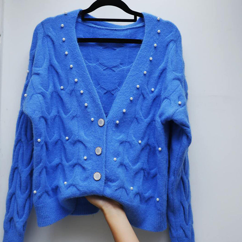 Sweet Beaded V-neck Knitted Cardigan