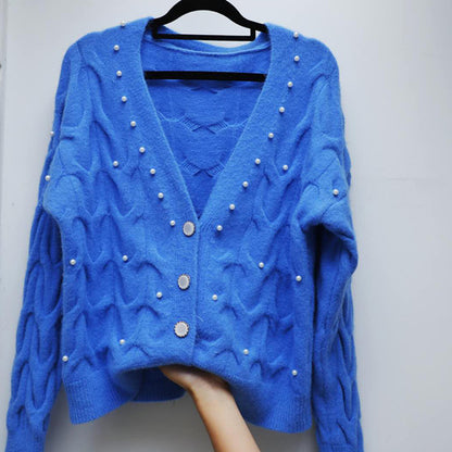 Sweet Beaded V-neck Knitted Cardigan