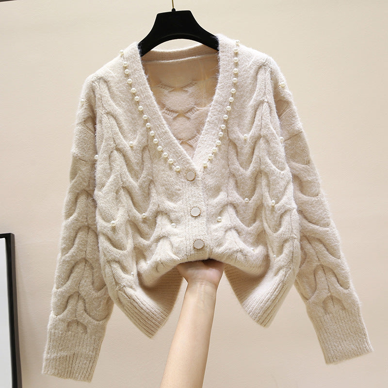 Sweet Beaded V-neck Knitted Cardigan