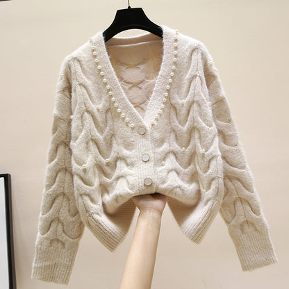 Sweet Beaded V-neck Knitted Cardigan