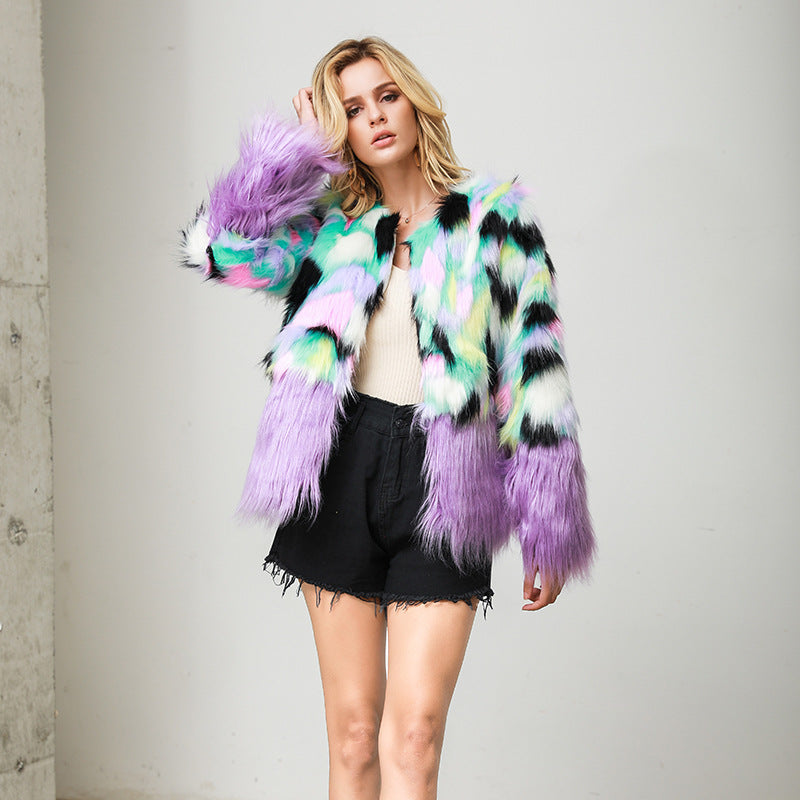 Two-tone Fur Stitching Plush Coat