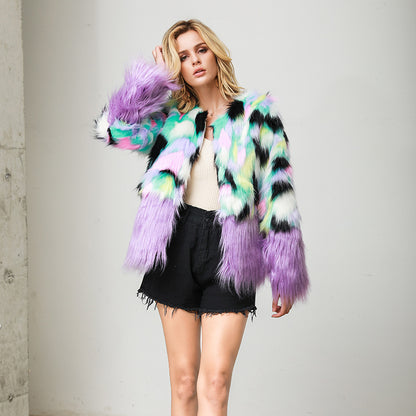 Two-tone Fur Stitching Plush Coat