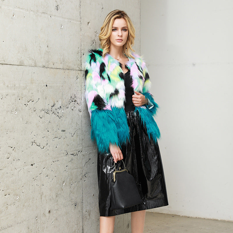 Two-tone Fur Stitching Plush Coat