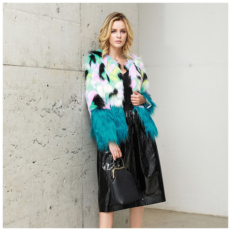 Two-tone Fur Stitching Plush Coat
