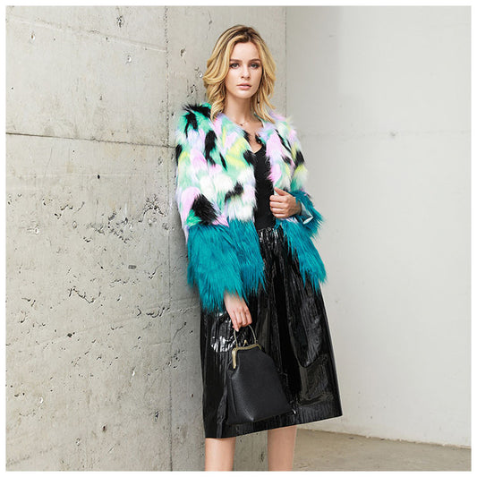 Two-tone Fur Stitching Plush Coat