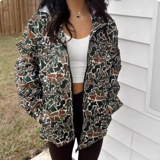 Camouflage Print Long Sleeve Hooded Jacket