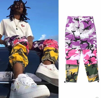 Tri Renk Camo Patchwork Cargo Pantolon