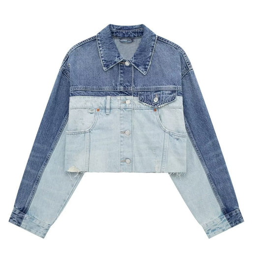 Polo Collar Long Sleeved Patchwork Denim Jacket