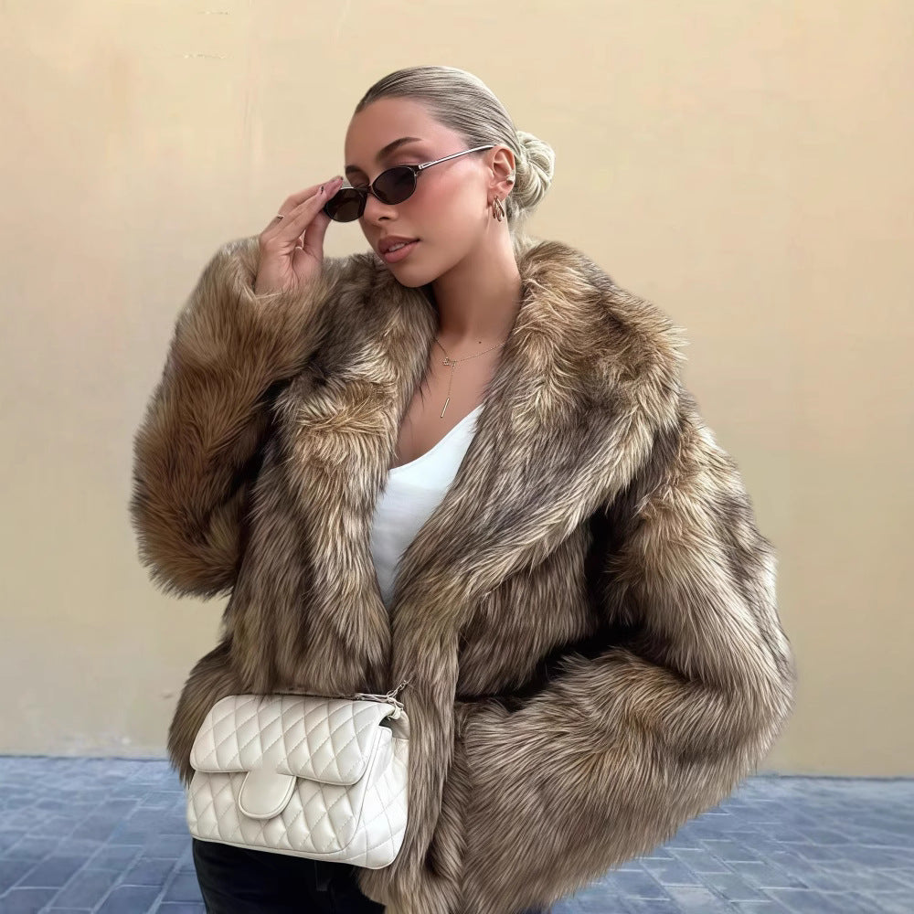 Women's Pure Color Versatile Faux Fur Collar Long Sleeve Coat