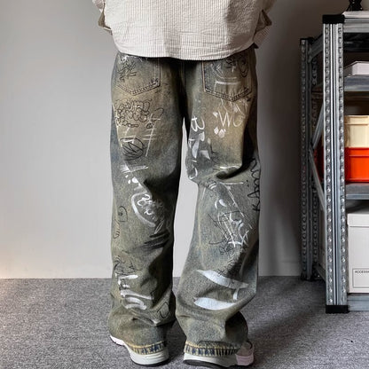 Mens Patchwork Design Loose Wide-Leg Draping Straight-Leg Pants