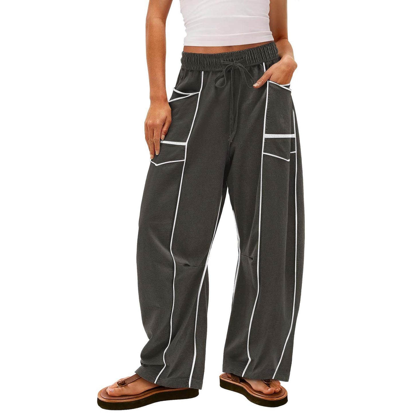 Black Striped Wide-leg Pants With Pockets