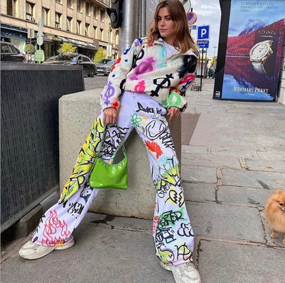 Spray Paint Printed Wide Leg Pants