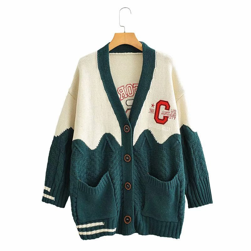 V-neck contrast letter cardigan