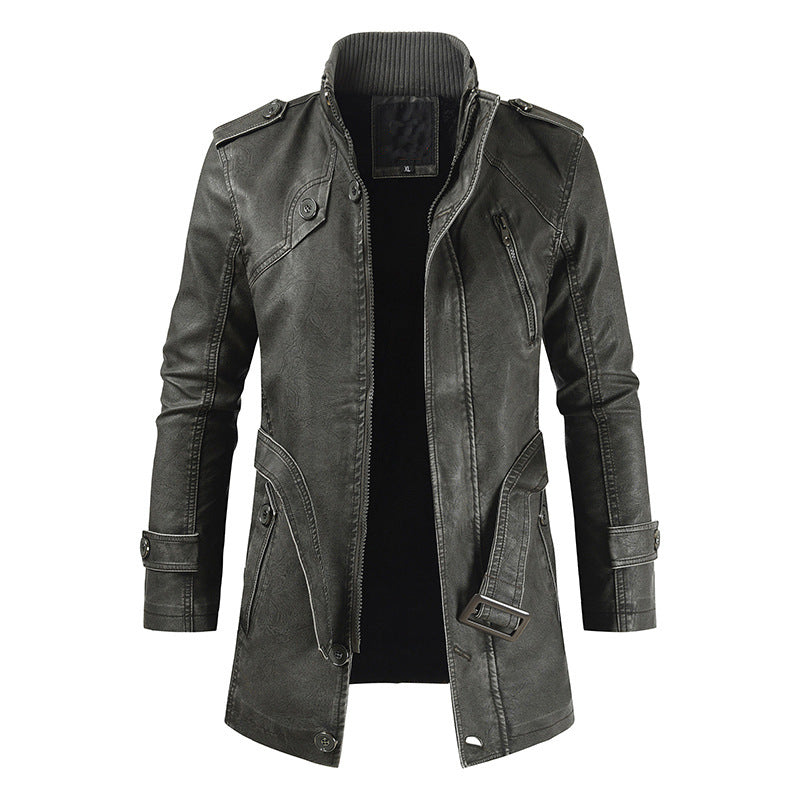 Brown mid-length leather jacket