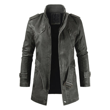 Brown mid-length leather jacket