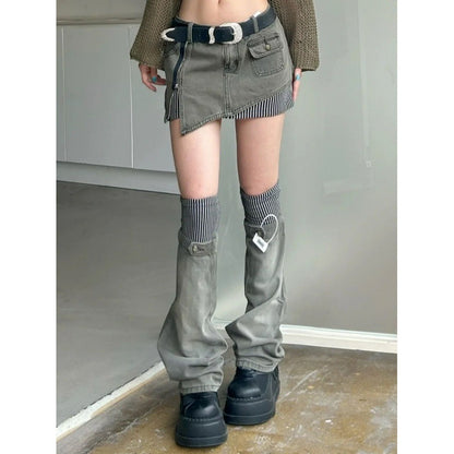 Retro Plus Size Striped Stitching Denim Suit Skirt