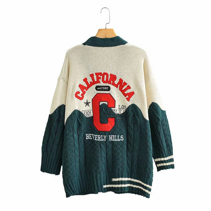 V-neck contrast letter cardigan