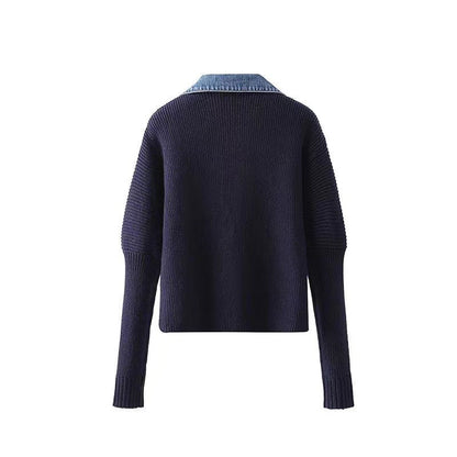 Women's Denim Patchwork Knitting Coat